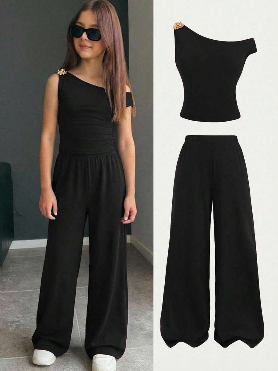 Kids/Tween Girls' Rose Decor Ruched Off-Shoulder T-Shirt & Matching Solid Color Leggings Set, Black, Spring/Summer - Black - View 1