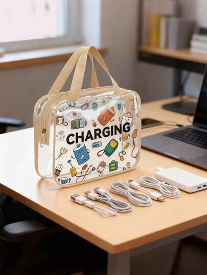 1pc Portable Data Cable Storage Bag, Cute And Large Capacity, Transparent Pvc Tote Bag, Cosmetic Bag, Toiletries Storage Bag, Suitable For Storing Medicines, Toiletries, Cosmetics, Clothing, Toys, And Data Cables.