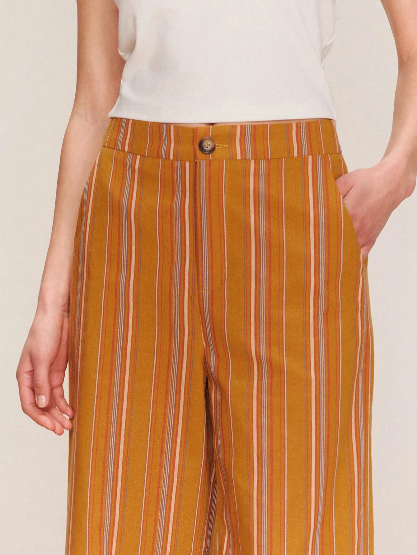 High Waisted Straight Leg Camel Striped Pants 3/4 Length Cute Spring Summer Vintage Striped Pants Vacation Outfit French Style Parisian Style