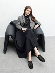 CUCCOO BIZCHIC 女士方头舒适时尚黑色蕾丝平底乐福鞋、一脚蹬穆勒鞋、百搭休闲及工作平底鞋 - 黑色 - 查看 6