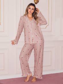 Striped Heart Print Sweet Ruffled Collar Long Sleeve Women Pajama Set - Red - View 3