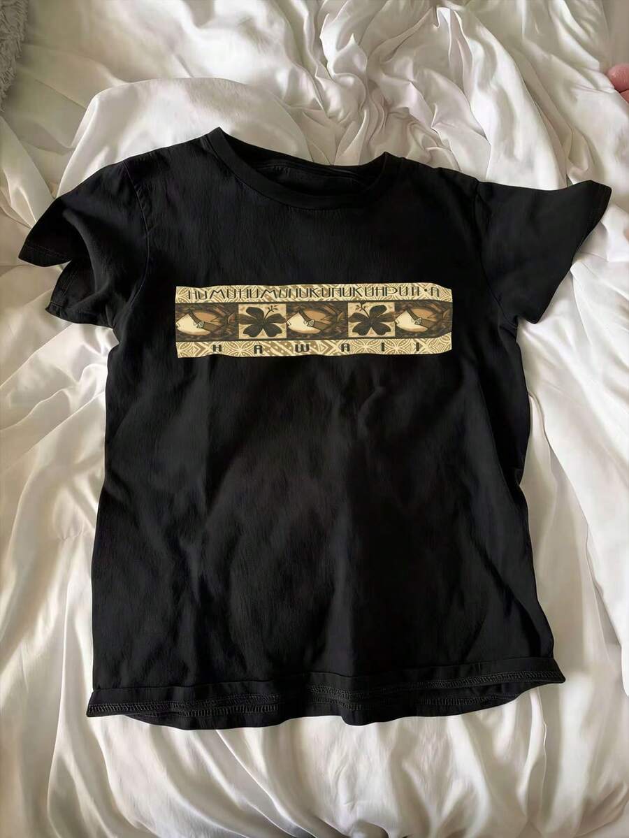 Glimmora 女士休闲印花修身短袖T恤，适合夏季、度假和日常通勤 - 黑色 - 查看 1