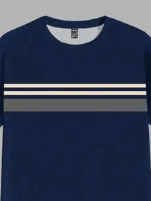 Azurnel Men's Casual Everyday Commute Colorblock Striped Print Short Sleeve T-Shirt, Summer - Navy Blue - View 3