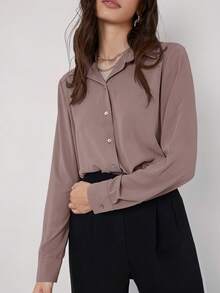 BizChic Women's Solid Color Lapel Cardigan Long Sleeve Drape Shirt, Basic Urban Commute Style, Simple Elegant Business Casual Outfit For Ladies, Teachers, Office Wear, Autumn - Dusty Purple - View 3