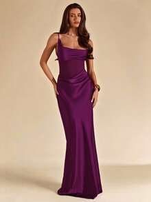 SHEIN BAE 不对称深V领女士腰部透视缎面鱼尾长款优雅连衣裙，适合婚礼宾客、优雅连衣裙、夏季连衣裙、生日派对连衣裙、优雅缎面连衣裙、婚礼宾客迷你连衣裙、早午餐连衣裙、优雅女性连衣裙 - 粉色 - 查看 6