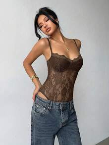 Aloruh 棕色花卉性感蕾絲細肩帶背心，適合時尚女性夜晚外出、夜店、夏季穿著 - 咖啡棕 - 查看 4