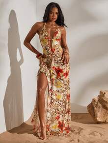 Opulessa 春夏度假针织印花露背开衩连衣裙（女款） - 彩色 - 查看 2