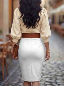 EMERY ROSE V-Neck Criss-Cross Petal Sleeve Fitted Cropped Women Shirt - Apricot - View 2