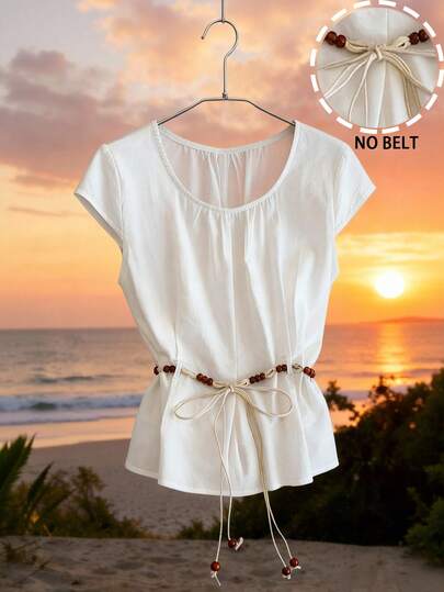 GlowEve Urban Chic Elegant Vacation New Women's White Textured Cotton Linen Round Neck Pleated Loose Short Sleeve Blouse, Suitable For Daily Wear, Weddings, Galas, Commute, Graduation Parties, Holidays, Vacations, Dates, Parties, Halloween, Christmas, New Year, Thanksgiving, Wedding