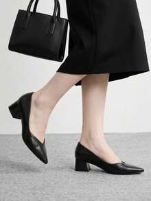 CUCCOO BIZCHIC Women's Black Matte Minimalist Classic Pointed Toe Office/Commute Business Chunky Heel Pumps - Black - View 3