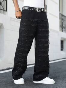 Manfinity EMRG Spring & Summer Vintage Washed Black Straight Loose Baggy Distressed Flared Wide Leg Jeans - Black - View 5