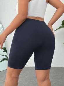 SHEIN EZwear 大码纯色高腰浅蓝色紧身短裤 - 霧霾藍 - 查看 2