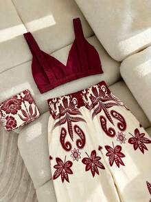 Resyla 两件套女士休闲纯色露脐吊带背心和印花阔腿裤 - 彩色 - 查看 5