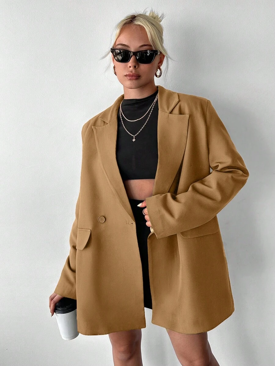 EURMUSE Lapel Neck Flap Detail Double Button Blazer - Camel - View 1