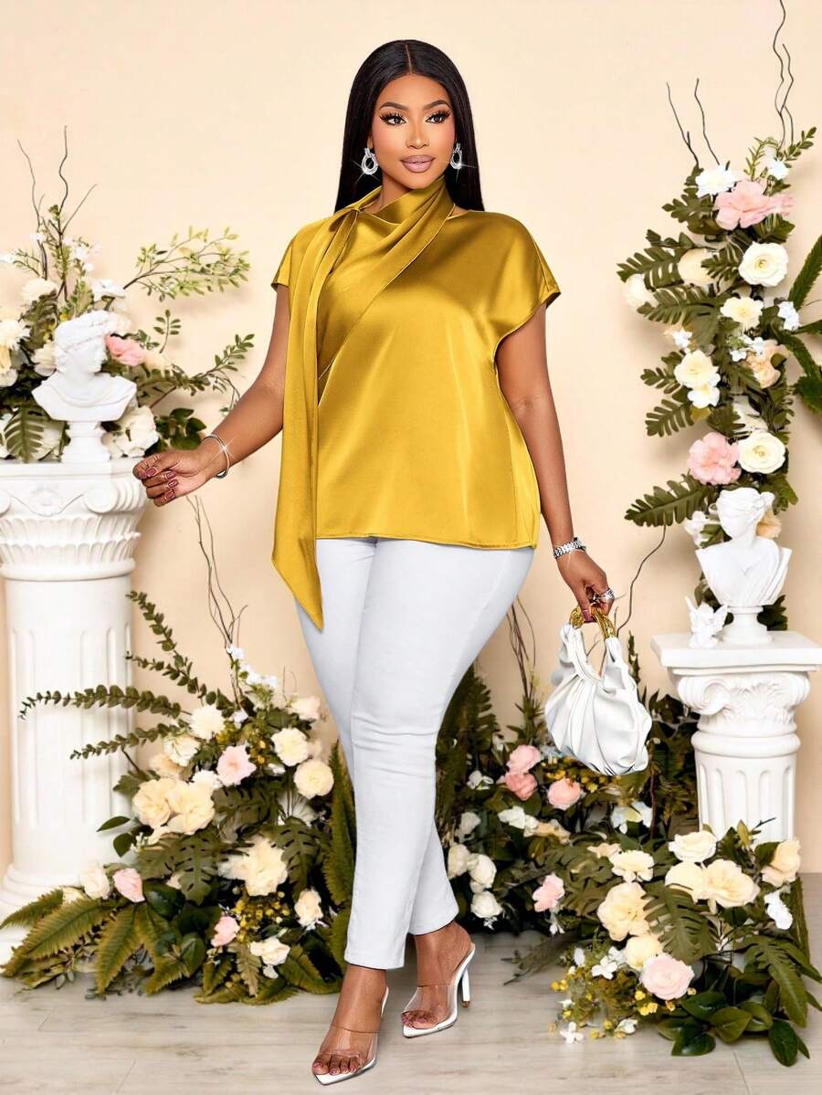 SOLERSUN 大码春夏纯色缎面披肩围巾斗篷短袖蝙蝠袖上衣，适合日常穿着、休闲外出、约会、情人节、鸡尾酒会、毕业典礼、旅行、海滩度假、新年夜、音乐节、嘉年华、婚礼宾客着装等各种场合。性感、优雅、时尚的女装上衣 - 黃色 - 查看 1