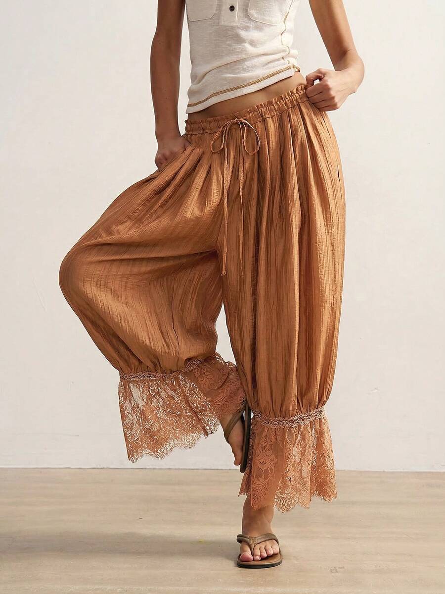 Bohemela 休闲编织拼接蕾丝边宽松女裤 - 棕色 - 查看 1