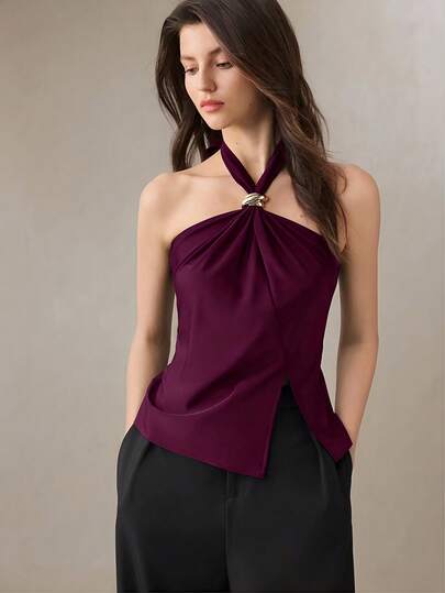 BizChic Top de cuello halter de satén con decoración de hebilla de metal, elegante y versátil para el día a día en la ciudad, con estilo retro de los 90, adecuado para Navidad, Año Nuevo, San Valentín, fiestas, playa, graduación, moda, carnaval, vacaciones, invitado de boda, ceremonia, citas, fiestas, conciertos, brunch, aeropuerto