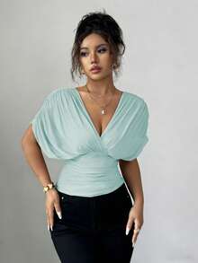 Elenzga 女士春夏网眼弹力针织内衬优雅度假沙滩装，通勤休闲法式浪漫交叉褶皱，肩部袖口收褶，腰部抽褶，可调节下摆荷叶边T恤上衣 - 薄荷綠 - 查看 3