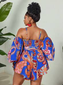 Maweii Plus Size Digital Print Elegant Off-Shoulder Backless Jumpsuit - Blue - View 2
