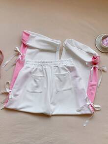 SHEIN EZwear 女式松紧腰撞色直腿休闲白色运动裤配蝴蝶结 - 白色 - 查看 2