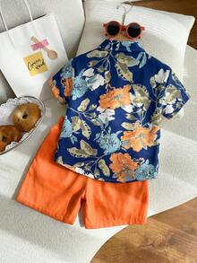SHEIN Bộ 2 món cho bé trai, gồm áo sơ mi ngắn tay cổ Hawaii in hình cây cỏ dễ thương và quần short, thoải mái, đa năng, phù hợp cho mùa xuân/hè, mặc hàng ngày, thể thao, dã ngoại, đi học, dự tiệc, lễ hội, chụp ảnh, tựu trường, kỳ nghỉ, đi biển. - Nhiều màu - Xem 5