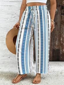 SHEIN VCAY Pantalones anchos de pierna ancha con cintura de lazo y patrón geométrico para mujer de talla grande - Multicolor - Ver 5
