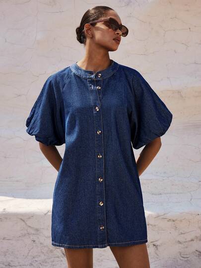 Maija Women's Single-Breasted Pleated Casual Vacation Travel Lantern Sleeve Denim Dress