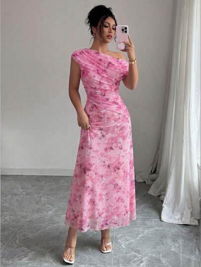 Modelyn Floral & Butterfly Print Mesh Asymmetric Ruffle Romantic Summer Elegant Midi Dress For Women