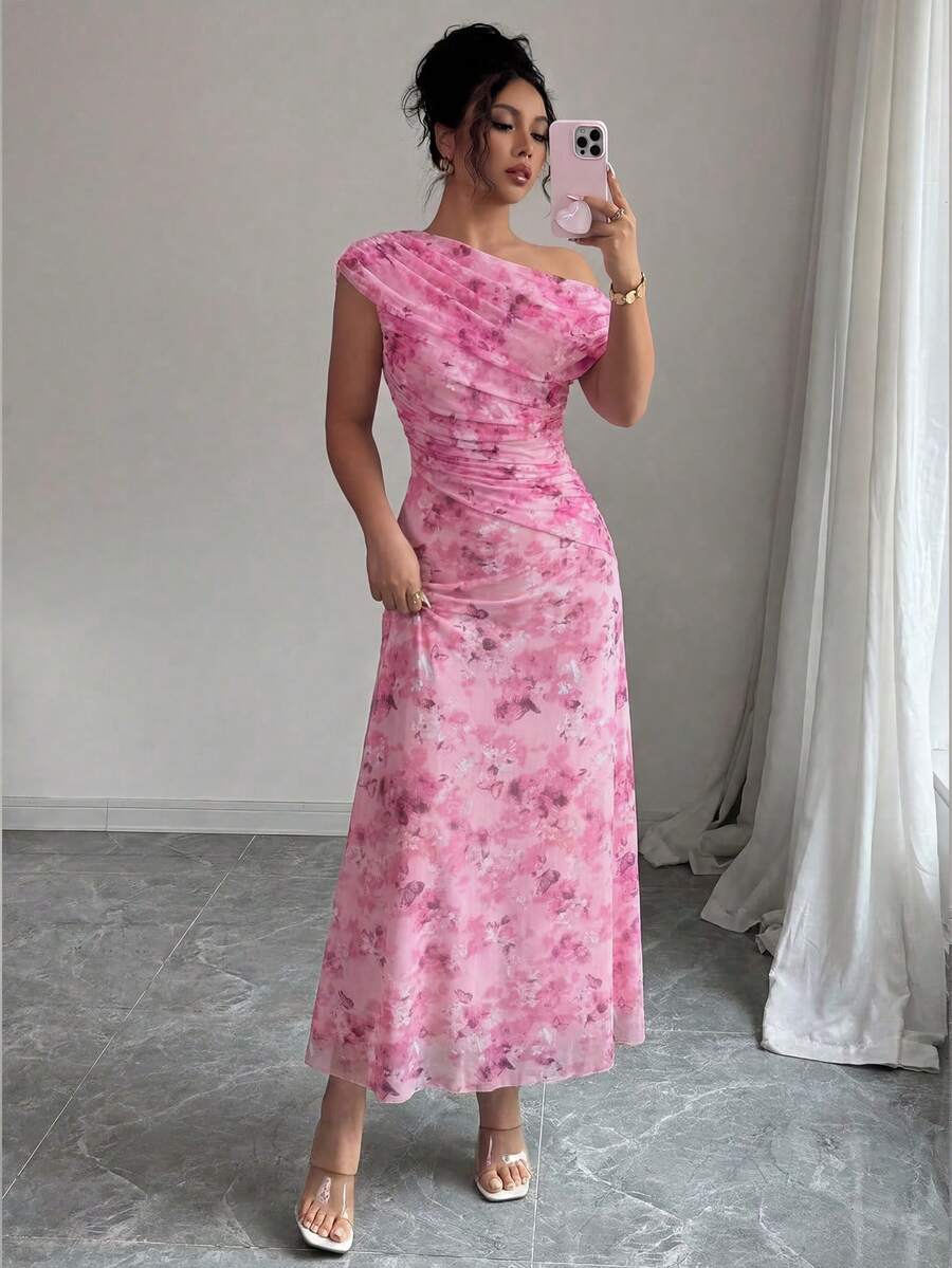 Modelyn 花卉蝴蝶印花网纱不对称荷叶边浪漫夏季优雅中长连衣裙 - 粉色 - 查看 1