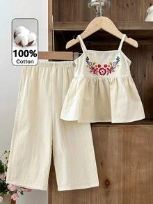 LMoss Kids 女婴花卉刺绣吊带娃娃衫和阔腿裤套装，休闲假日风 - 米色 - 查看 5