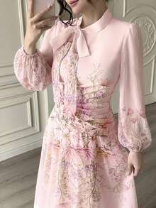 Modelyn Tie-Waist Ruched Placement Print Long Sleeve Dress For Women - Pink - View 6