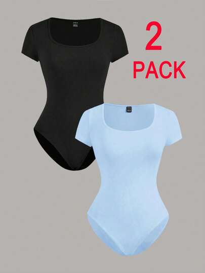 SHEIN EZwear Conjunto de 2 piezas de body de manga corta para mujer talla grande en negro y azul claro
