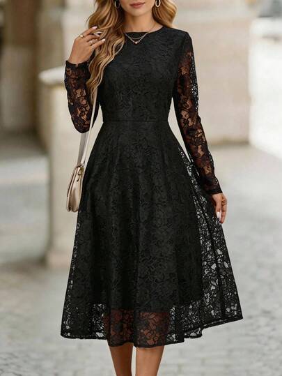 EMERY ROSE Women Elegant Waisted A-Line Lace Dress, Autumn