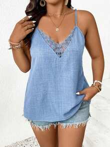 SHEIN Frenchy Camiseta holgada de talla grande para mujer con parches, bordados y ribete de malla transparente para el verano y la playa - Celeste - Ver 5