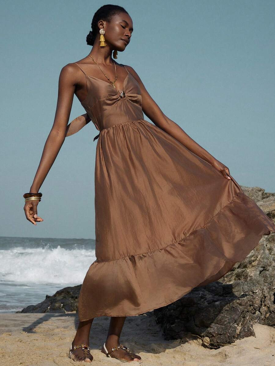 Breezaya New Metal Decor Vacation Style Spaghetti Strap Dress, Metal Decor On Chest, Sleeveless Long Beach Vacation Island Dress Dark Brown Summer Tropical - Brown - View 1