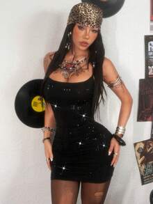 Coolane Women's Summer Streetwear Sexy Party Music Festival Y2K Knit Rhinestone Sparkly Black Slim Fit Mini Dress - Black - View 4