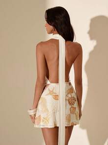 SHEIN Glamour Đầm ngắn cổ yếm đính sequin hình vỏ sò dành cho nữ, thích hợp cho kỳ nghỉ. - Màu be - Xem 2