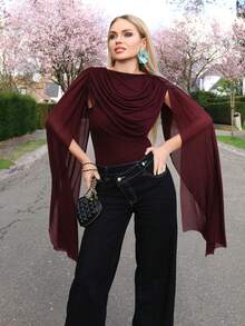 Elenary Edit Burgundy Round Neck Ribbon Fitted Bodysuit For Women, Suitable For Graduation Party, Formal Occasions, Cocktail Party, Romantic Date, Autumn/Winter Base Layer, Party, Nightclub, Formal Gathering, Going Out At Night, - Burgundy - View 6