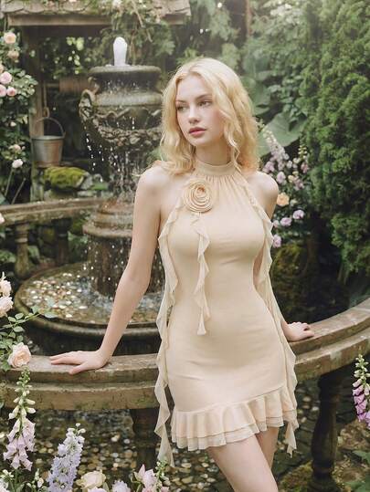 SHEIN MOD Vintage 3D Floral Ribbon Halter Apricot Slim Dress With Ruffles And Asymmetric Hem – Glamorous Court Style, Party, Wedding, Outing, Cute, Date, Party, Women's Summer And Spring Wear, Spring Break, Vacation, Picnic, Festival, Birthday Outfit