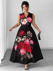 Elenzga Vestido Elegante Preto Plus Size com Estampa Floral de Verão, Sem Mangas, Cintura Marcada, Decote em V, Corte em A, Estilo Retrô Francês Minimalista para Convidada de Casamento - Preto - Visão 3