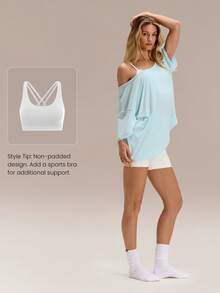 GLOWMODE Modal Silky Smooth Asymmetrical Hem Off-Shoulder 3/4 Sleeve Active Tee T-Shirt Daily Casual Wear - Baby Blue - View 6