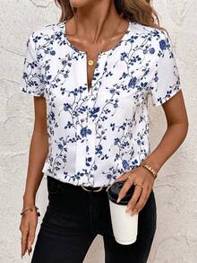 SHEIN Clasi Women's Summer Short Sleeve Loose Ditsy Floral Shirt, Casual Country Style, Black & White,Summer Top - Blue and White - View 6