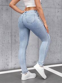 SHEIN Tall Women's Washed Skinny Jeans With Pockets - Blue - View 2