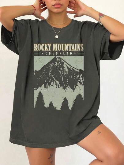 INAWLY 大码女式字母与山脉印花圆领短袖休闲 T 恤图案 T 恤女式上衣