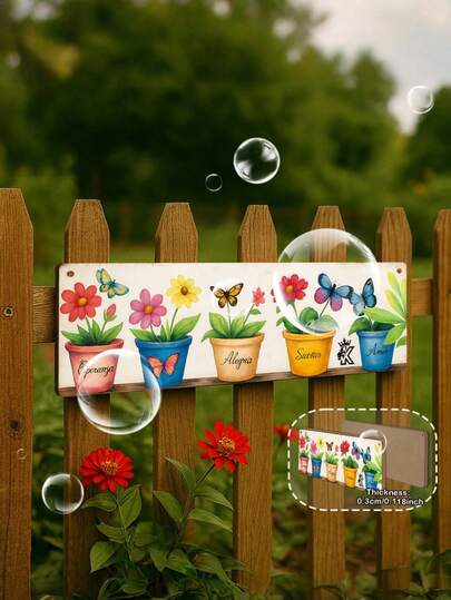 1pc Vintage Wooden Sign, 2D Flat Design, Outdoor Wall Decoration (12 Inches X 4 Inches), Garden And Hope Theme, Colorful Flowerpot With Butterfly Design, Suitable For Balcony, Living Room Patio Bedroom And Garden Decoration, Gift For Family And Nature-Loving Friends