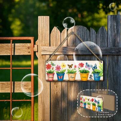 1件复古做旧木质墙饰，12 x 4英寸，乡村风格墙挂，彩色花盆和蝴蝶图案花园装饰挂件，适用于阳台、客厅、露台、卧室、围栏和花园。