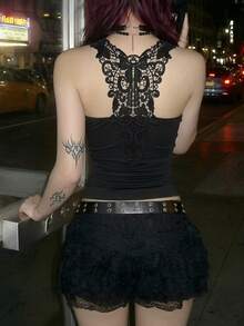 EgrlEra 女士哥特式圆形戒指细节蕾丝拼接吊带背心，夏季 - 黑色 - 查看 6