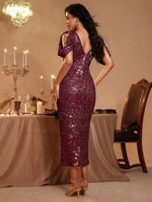 Glamine 女士优雅亮片中长连衣裙，夏季时尚派对装扮 - 酒紅色 - 查看 2