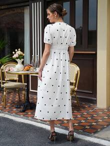 Momance 优雅心形印花花瓣袖深V领开衩孕妇连衣裙 - 白色 - 查看 2