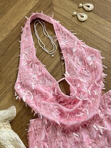 Elamini Sexy Crop Top With Plunging V-Neck And Backless Design, Paired With Bodycon Mini Skirt, Suitable For Spring/Summer - Pink - View 3